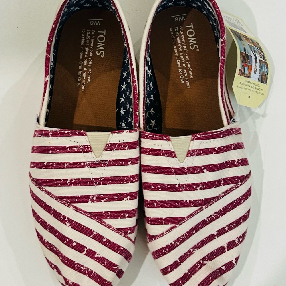 TOMS Red, White Blue Striped Slip-Ons